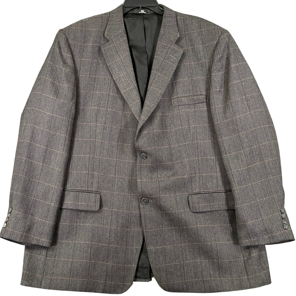 Haggar Collections Sport Coat Mens 48L Gray Herringbone Windowpane Two Button